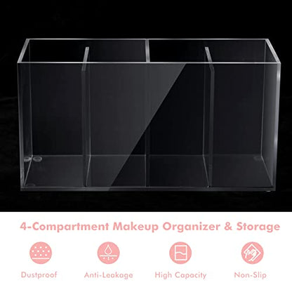 1 Pack 4 Compartment Acrylic Makeup Organizer with Lid Lash Cart Organizer for Lash Techs Bathroom Storage with 4 Tray Eyelash Mascara Brushes Supplies Brush Holder for Cosmetics or Office Supplies
