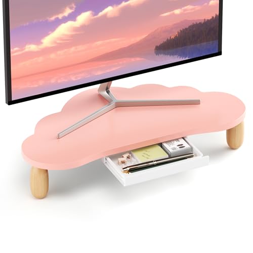 AFOOYO Monitor Stand Riser,Cloud-Shaped Sturdy Wood 16.5In Computer Monitor Riser Wirh Drawer, Multi-Purpose Desktop Organizer Riser for Computer,Laptop,Printer,TV,Pink - color: Pink, size: Wirh Drawer