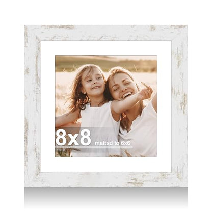 Hongkee 8x8 Picture Frame with Glass, Display Pictures 6x6 with Mat or 8 x 8 without Mat - Wall and Tabletop, 8 by 8 Photo Wooden Frames (Distressed White, 1 Pack) - color: Distressed White, size: 8X8 in