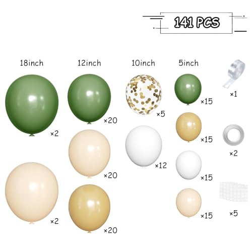 MEBAY Green White Sand Balloon Arch Kit, 141Pcs Avocado Green Sand White Boho Sandy Brown and White Balloons for Baby Shower Bridal Shower Birthday Party - color: 141-sand White