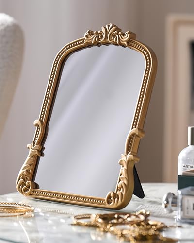 Vintage Vanity Small Mirror with Stand,Gold Decorative Mirrors for Wall,Antique Desk Eclectic Home Dresser Decor Small Mirror,Bathroom, Bedroom, Makeup Desk, Wall Entry,11.6" L x 9.0" W Gold - color: Gold