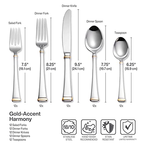 Mikasa Gold Accent Harmony Flatware Set for 12, 65 Piece 18/10 Stainless Steel Silverware with Gold-Trimmed Handles and Serving Utensils, Elegant Dinnerware Service - size: 65 Piece Set, style: Harmony Gold Accent