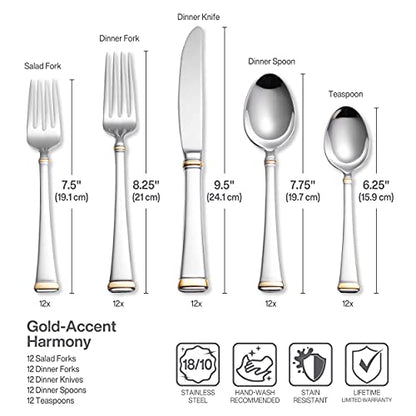 Mikasa Gold Accent Harmony Flatware Set for 12, 65 Piece 18/10 Stainless Steel Silverware with Gold-Trimmed Handles and Serving Utensils, Elegant Dinnerware Service - size: 65 Piece Set, style: Harmony Gold Accent