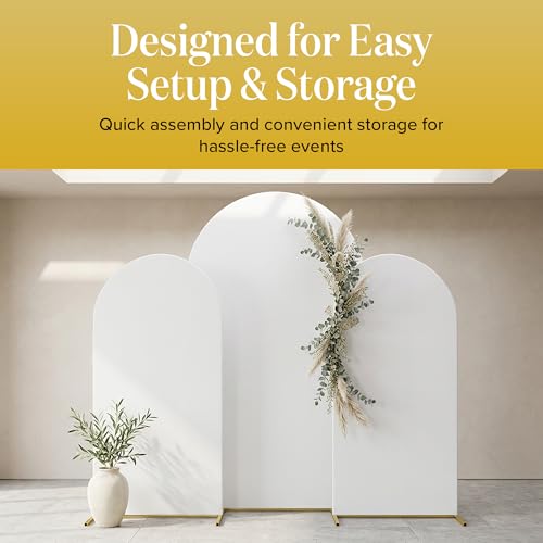 Metal Arch Backdrop Stand and Cover Set – 3 Gold Frames (7.2ft, 6ft x2) with White Wrinkle-Free Spandex Covers, Water Weights, Bags & Case – Wedding, Birthday, Baby Shower, Party Decor
