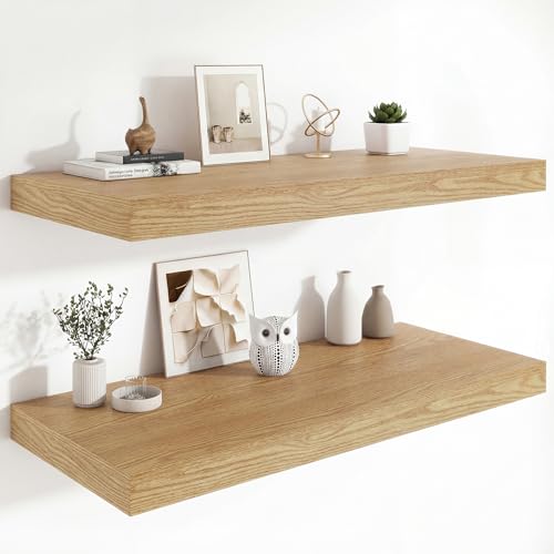 Heimlove 12" Deep Floating Shelves, 36 x 12 Inch Wall Mounted Long Floating Shelf with Invisible Brackets, for Home Decor, Bedroom, Kitchen, Living Room, Bathroom - 2 Pack, Oak - color: Oak, size: 36"W x 12"D x 2"H, Set of 2