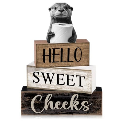 Moucuny 4 Pcs Otter Bathroom Decor Set Farmhouse Bathroom Decor and Accessories Rustic Hello Sweet Cheeks Wooden Blocks Signs with Toilet Paper Funny Toilet Shelf Decoration for Home Office Half Bath - style: Bathroom Otter