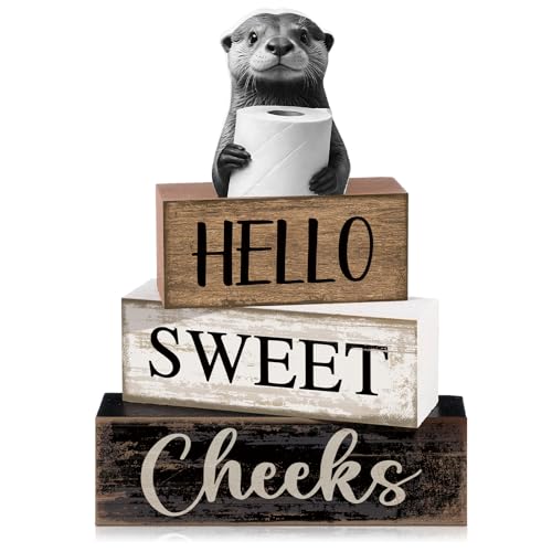Moucuny 4 Pcs Otter Bathroom Decor Set Farmhouse Bathroom Decor and Accessories Rustic Hello Sweet Cheeks Wooden Blocks Signs with Toilet Paper Funny Toilet Shelf Decoration for Home Office Half Bath - style: Bathroom Otter
