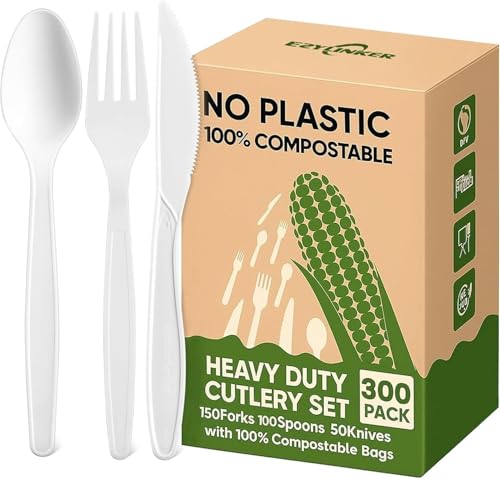 Compostable Utensils Set (300Pack), Heavy Duty & Eco-Friendly No-Plastic Spoons, Forks, Knives Cutlery Set - 100% Disposable Cornstarch Flatware for Lounge Party Wedding BBQ Picnic Camping - size: 300Pack Utensil Set