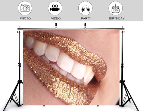5x4ft Glitter Lipstick Backdrop Gold Glitter Lips Photography Background for Beauty Makeup Cosmetic Event Party Decorations Tapestry Photo Booth Props - size: 5x4ft
