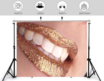 15x8ft Glitter Lipstick Backdrop Gold Glitter Lips Photography Background for Beauty Makeup Cosmetic Event Party Decorations Tapestry Photo Booth Props - size: 15x8ft