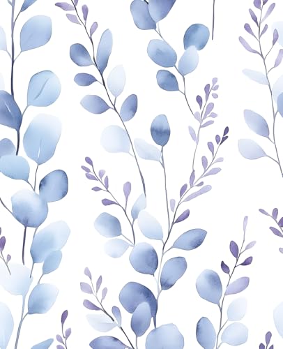 Extra Long Boho Blue Leaves Contact Paper, 17.5In x 393In Casual Eucalyptus Botanical Peel and Stick Wallpaper for Bedroom Cubicle Kitchen, Vinyl Natural Foliage Mural Self Adhesive Wall Paper - color: White/Pale Blue, size: 17.5" x 393"