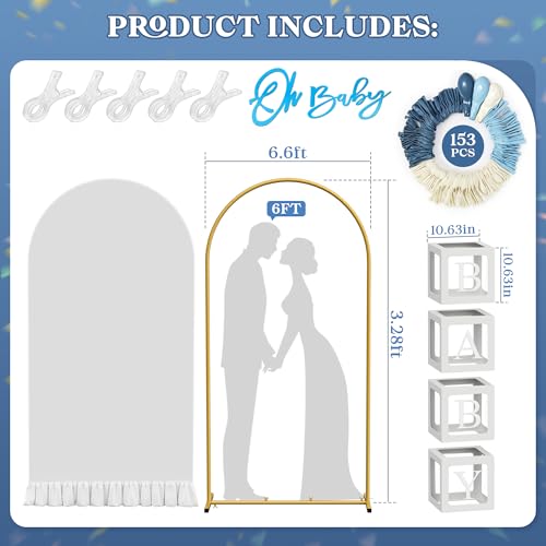 6.6FT Metal Arch Backdrop Stand and Cover Set, Blue Balloon Arch Kit, 153 Pcs Balloons, 4 Baby Shower Box, Letter Stickers, Clips for Baby Shower, Gender Reveal, Birthday, Wedding Decor