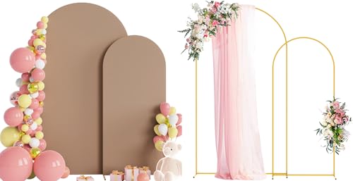 Wokceer Wedding Arch Backdrop Stand and Cover Set of 2 Metal Arch Stand with Arch Cover Nude Brown 7.2FT, 6FT for Birthday Party Wedding Ceremony Bridal Baby Shower Event Decor - color: Nude Brown