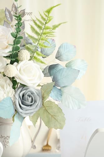 Floroom Artificial Greenery Stems Box Set, 36pcs with 7 Kinds of Faux Greenery Flowers Picks for DIY Bridal Bouquets Wedding Floral Arrangement Table Centerpieces, Dusty Blue & Silver - color: Dusty Blue & Silver