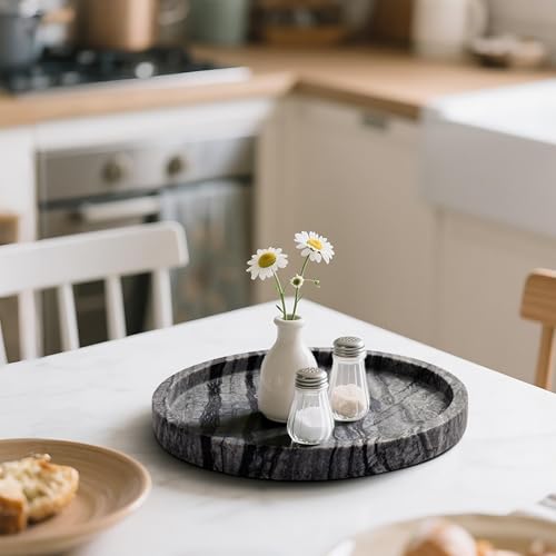 Natural Marble Vanity Tray for Bathroom Bedroom Kitchen Dresser, Round Decorative Trays for Jewelry, Perfume, Cosmetic, Candle, Countertop Storage Organizer for Home Decor Gray Black (WH017) - color: Natural Black, size: 9.4"