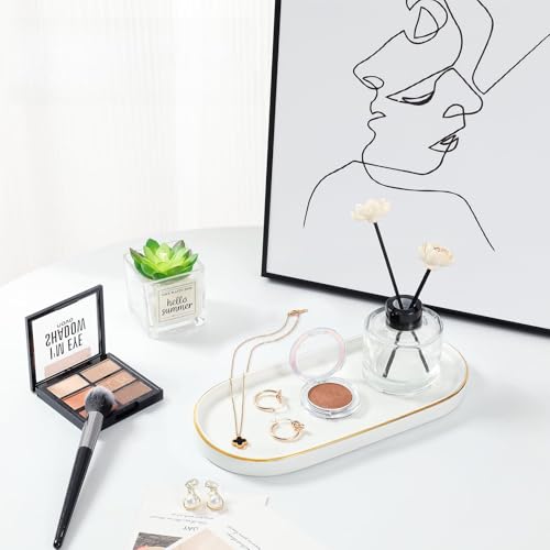 Luxspire Bathroom Vanity Tray, Marble Ceramic Dresser Jewelry Dish with Golden Rim, Decorative Tray Countertop Sink Storage Holder Organizer for Soap Candles Perfume Comestic Home Decor, Matte White - color: Matte White+gold, style: Small