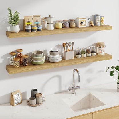Fun Memories 60 Inch Fireplace Mantel - Long Floating Shelf, Wall Mounted Farmhouse Display with Invisible Heavy Duty Metal Bracket, Oak, 2 Pack - color: Oak, size: 60"W x 6.5"D
