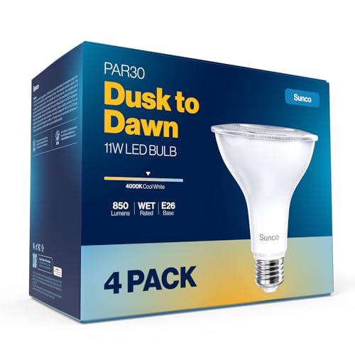 Sunco 4 Pack PAR30 LED Dusk to Dawn Light Bulbs, 850 Lumens, 11W, 4000K Cool White, Non-Dimmable, E26, Wet Rated Outdoor Flood Light Bulb with Photocell Sensor, for Porch, Patio, Backyard, UL - color: 4000k Cool White