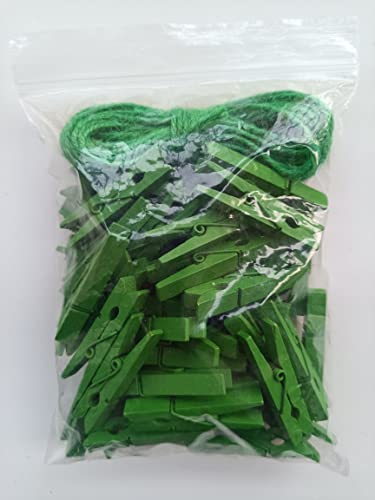 1.9 Inch Green Wooden Clips with Jute Twine Display Artwork DIY Craft Project Photo Garland Travel Clothespins Pack 50 - color: 50pcs (2 Inch) Green + Jute Twine