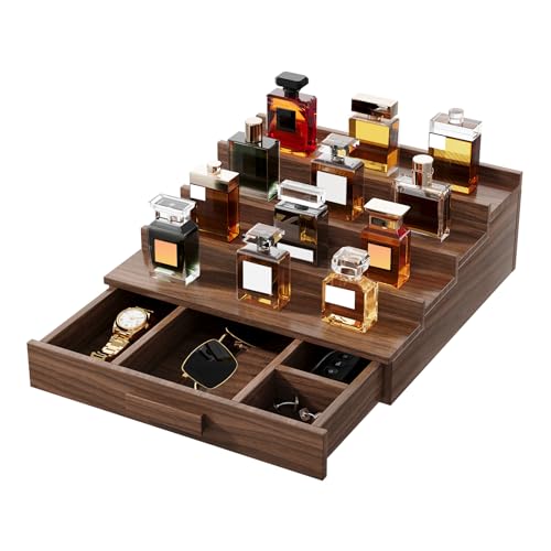 Solid Walnut Cologne Organizer for Men,Cologne Stand,4 Tier Wooden Cologne Holder Shelf Display,Perfume Stand Organizer with Drawer Storage and Hidden Compartment,Gift for Men Dad Husband - color: Walnut 4 Tier