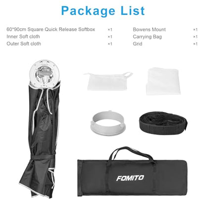 FOMITO 24"x35"/60x90cm Rectangular Softbox, Quick Release Bowens Mount Softbox with Honeycomb Grid, Light Diffusers, Bag for Godox SL-60W SL60IID SL150R SL300R Aputure 120d etc - color: 24*35inch/60*90cm