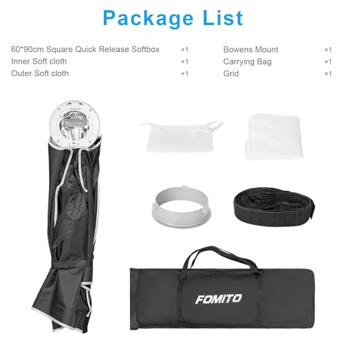 FOMITO 24"x35"/60x90cm Rectangular Softbox, Quick Release Bowens Mount Softbox with Honeycomb Grid, Light Diffusers, Bag for Godox SL-60W SL60IID SL150R SL300R Aputure 120d etc - color: 24*35inch/60*90cm