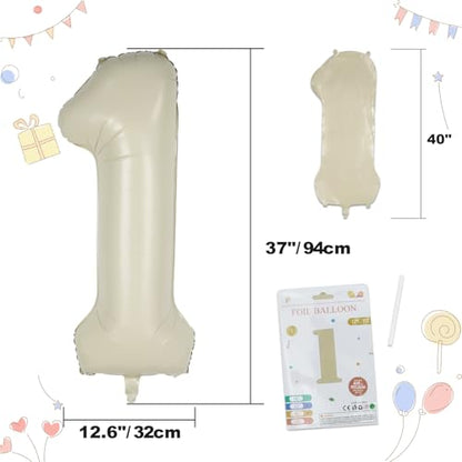 CARGEN 40 Inch Creamy White Number 1 Balloon, Large Beige Foil Mylar Digital 0-9 for Birthday Decorations, Boho Neutral Party Supplies, Wedding Anniversary Photo Props, Helium or Air Fill - style: Number 1