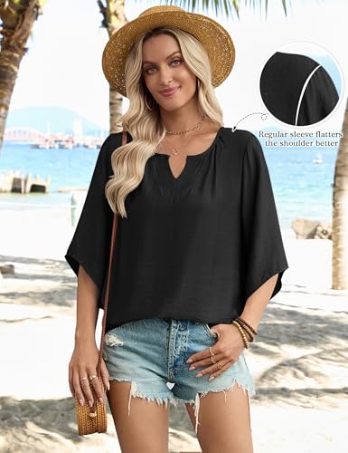 LOMON Women's 3/4 Length Sleeve Boho Tops V Neck Casual Vacation Clothes Loose Fit Tunic Shirts S-3XL - color: Black, size: 3X-Large