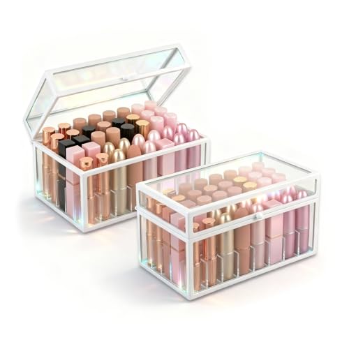 40 Lipsticks Organizer with Lid, Glass Display Box Fits Large Perfume & Skincare, Easy-Access Organiser for Vanity Countertop, Multifunctional Display Box in Any Rooms - color: white