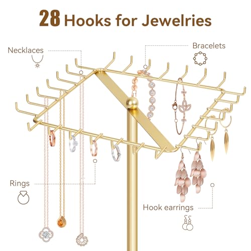 Rotating Necklace Holder Stand Metal Jewelry Organizer Display with 28 Hooks，Necklace Storage for Hanging Keychain Bracelet Long Chains Tree for Girls Women