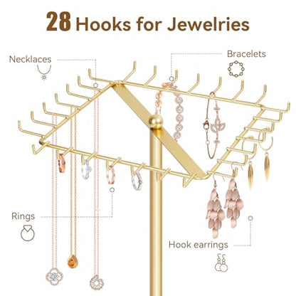 Rotating Necklace Holder Stand Metal Jewelry Organizer Display with 28 Hooks，Necklace Storage for Hanging Keychain Bracelet Long Chains Tree for Girls Women