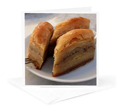 3dRose Greeting Cards - Baklava - baklava, food, forks, kitchen, nuts, pastry, plate - 12 Pack - Photography - Puddings