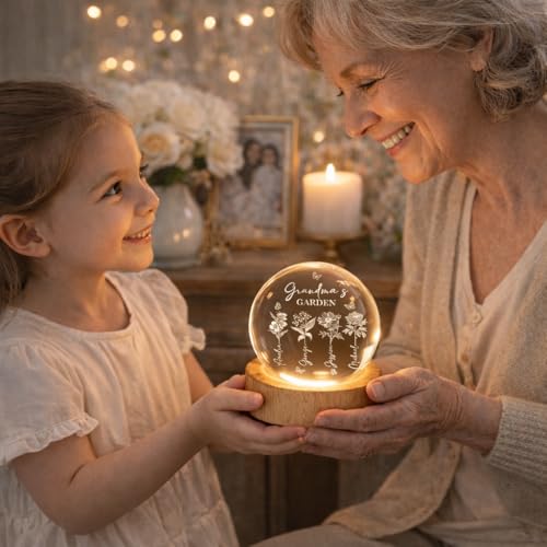 Noni Personalized Grandma's Garden Crystal Ball LED Night Light, Custom Birth Month Flowers, Heartfelt Gift for Grandma, Mom, Mother's Day Style 03 - color: Style 03