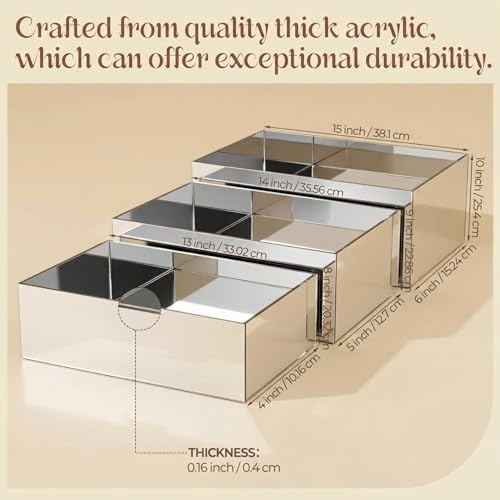 3 Pack Extra Large Acrylic Risers - 15”, 14”, 13” Silver Display Stands with Hollow Bottoms, Cube Buffet Riser Boxes Nesting for Dessert Food Catering Buffet Display Party Supplies - color: Silver, size: 15”,14”,13”