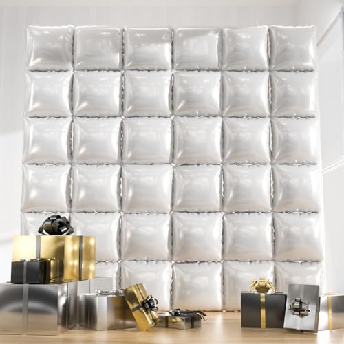 36pcs Pearl White Square Foil Balloons Backdrop Kit - 9.5ft White Elegant Balloon Wall/Tunnel for Birthday, Wedding, Baby Shower, 2026 Graduation Photo Booth (Straws & Ribbon Included) - color: White