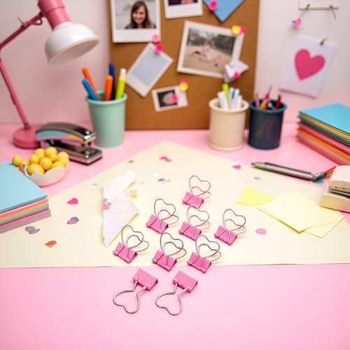 10 Pcs Pink Heart Hollow Out Metal Binder Clips - Notes, Letter, Paper Clamps, Home School Office Supplies