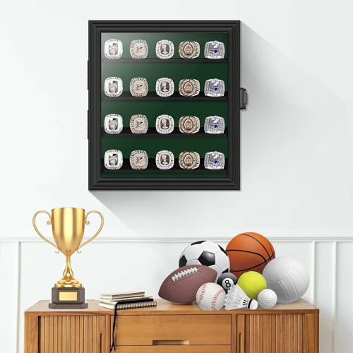 Championship Ring Display Case, Lockable Baseball Ring Holder with 20 Posts, Wooden Shadow Box Wall Mount for Multiple Rings - size: 20 Posts-Rectangle