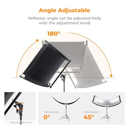 K&F CONCEPT U-Shape Reflector Curved Reflector 180x60cm with 4-in-1 Reflective Fabric, Black/Gold/White/Silver, with 1.9m Stand, with Storage Bag, for Photography Studios - size: 70.8*23.6inch