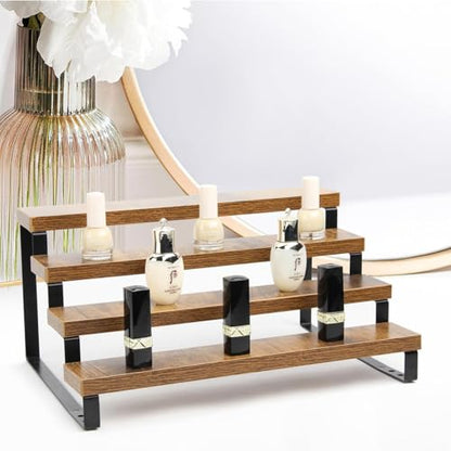 4-Tier Wooden Display Riser Shelf Stand for, Makeup, Cupcake, Condiment & Dolls Collection Home Decor Organizer, Expandable for Pantry/Counter (Brown, 4-Tier) - size: 4-Tier