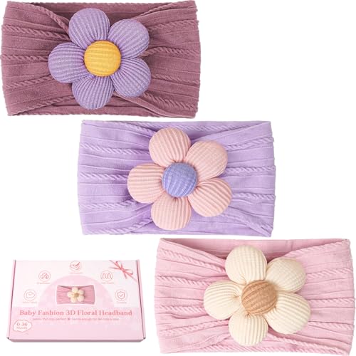 CÉLLOT Baby Flower Headbands Baby Girls Nylon Headbands Soft Elastic Hairbands Hair Accessories for Newborn Infant Toddler Kids (Violet,Cameo,Pink) - color: Dark Purple+Purple+Pink