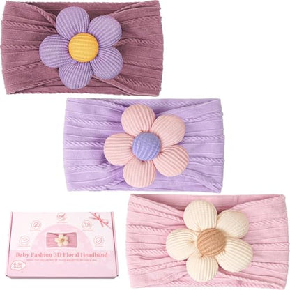 CÉLLOT Baby Flower Headbands Baby Girls Nylon Headbands Soft Elastic Hairbands Hair Accessories for Newborn Infant Toddler Kids (Violet,Cameo,Pink) - color: Dark Purple+Purple+Pink