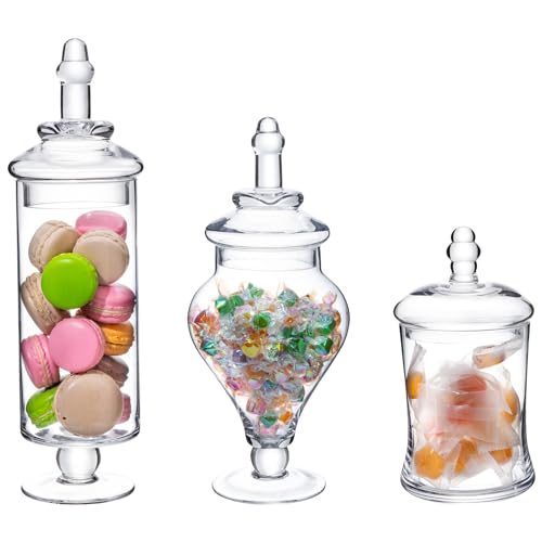 MyGift Clear Glass Apothecary Jars with Lid, Decorative Footed Vase, Candy Buffet Containers Set of 3 - color: Clear