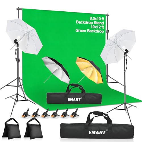 EMART 8.5X10 FT Green Screen Backdrop Kit, Photography Umbrella with 5500K Bulbs, 10X12 FT Green Backdrop with Spring Clamps, Professional Photography lighting kit for Studio, Portrait, Video Shooting - color: Green, size: 8.5*10ft Stand/10*12ft Backdrop