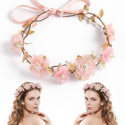 MEMOVAN Pink Flower Crown Headband Rose Floral Headpiece Adjustable with Gold Leaf Bohemian Fairy Flower Renaissance Hair Wreath Accessory for Girls Women Birthday Wedding Party Photo Props - color: pink