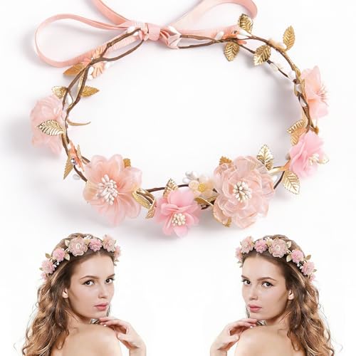 MEMOVAN Pink Flower Crown Headband Rose Floral Headpiece Adjustable with Gold Leaf Bohemian Fairy Flower Renaissance Hair Wreath Accessory for Girls Women Birthday Wedding Party Photo Props - color: pink