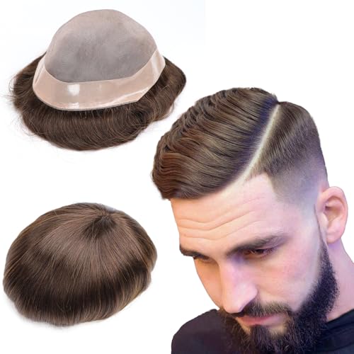 Toupee for Men Mono Lace Durable Base European Human Hair 7x9 Hair System for Men Hair Prosthesis Replacement Unit Durable Mens Hair Piece #3 Dark Brown Mens Toupee Real Hair - color: 3# brown color - Mono NPU, size: 7x9 Inch