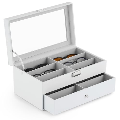 CO-Z Sunglasses Organizer with 12 Slots, Leather Eyeglasses Storage Box for Women Men, 2 Story Lockable Display Case for Multiple Glasses, Sunglasses Jewelry Collection Holder with Drawer, White - color: White