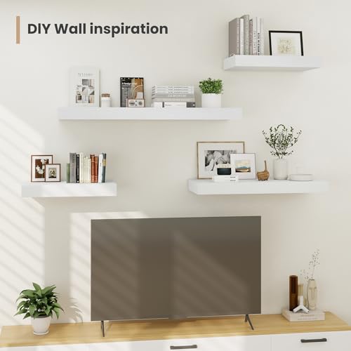 Heimlove 12" Deep Floating Shelves, 36 x 12 Inch Wall Mounted Long Floating Shelf with Invisible Brackets, for Home Decor, Bedroom, Kitchen, Living Room, Bathroom - 2 Pack, White - color: White, size: 36"W x 12"D x 2"H, Set of 2