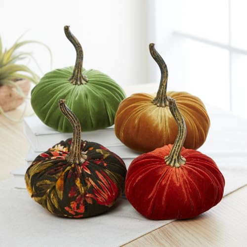 Your Heart's Content Set of 4 Small Velvet Pumpkins, Harvest Table Decor, Gold Pumpkin Shelf Sitters, Rustic Bowl Fillers, Fall Floral Pumpkin Decor, Earth Tone (Gold, Olive, Rust, Fall Floral) - color: Gold, Olive, Rust, Fall Floral