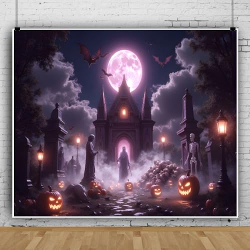 12x10ft Halloween Backdrops for Photography Spooky Full Moon Gothic Graveyard Halloween Photo Backdrop for Photoshoot Bats Skeleton Cemetery Background Hallows' Eve Party Decorations - color: Purple, size: 12x10ft
